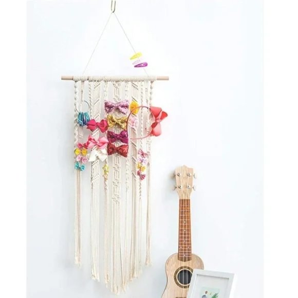 Anthropologie Ivory Macrame Hair Bow Pin Clip Scrunchie Organizer Holder